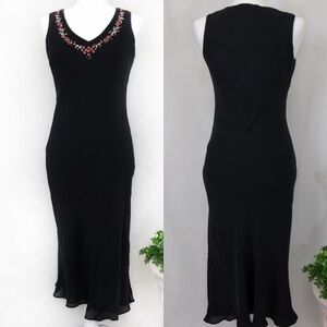 VINTAGE 90’s 100% Silk Slip Dress Black Bias Cut Embroidered Floral Womens Sz 4